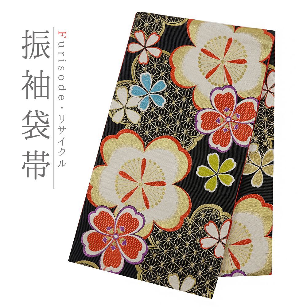 正絹 全通袋帯麻の葉 袋帯 美品 秀品 麻の葉 縦縞 薄茶色 全通 正絹 全