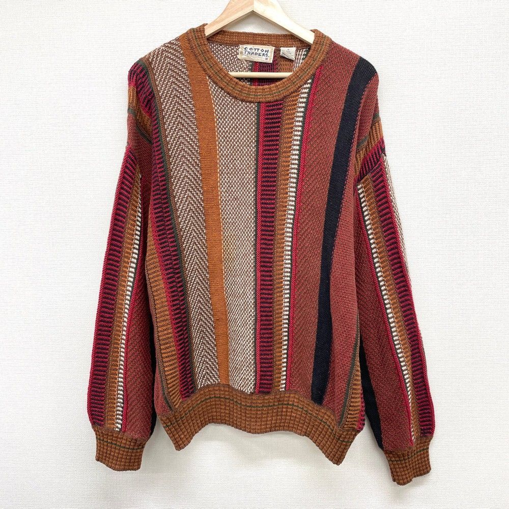 COTTON TRADERS ラミー×コットン ニット セーター マルチストライプ 長袖 M ブラウン×レッド×アイボリー等 マルチカラー