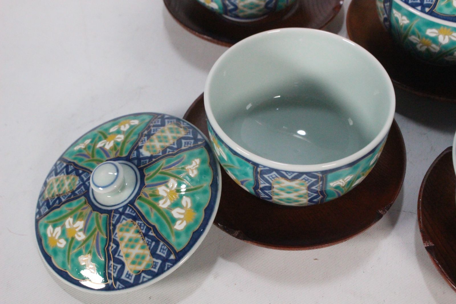 1008 美品　有田焼　古伊万里 祥峰作 蓋付湯呑み 茶托付 茶器 5客セット