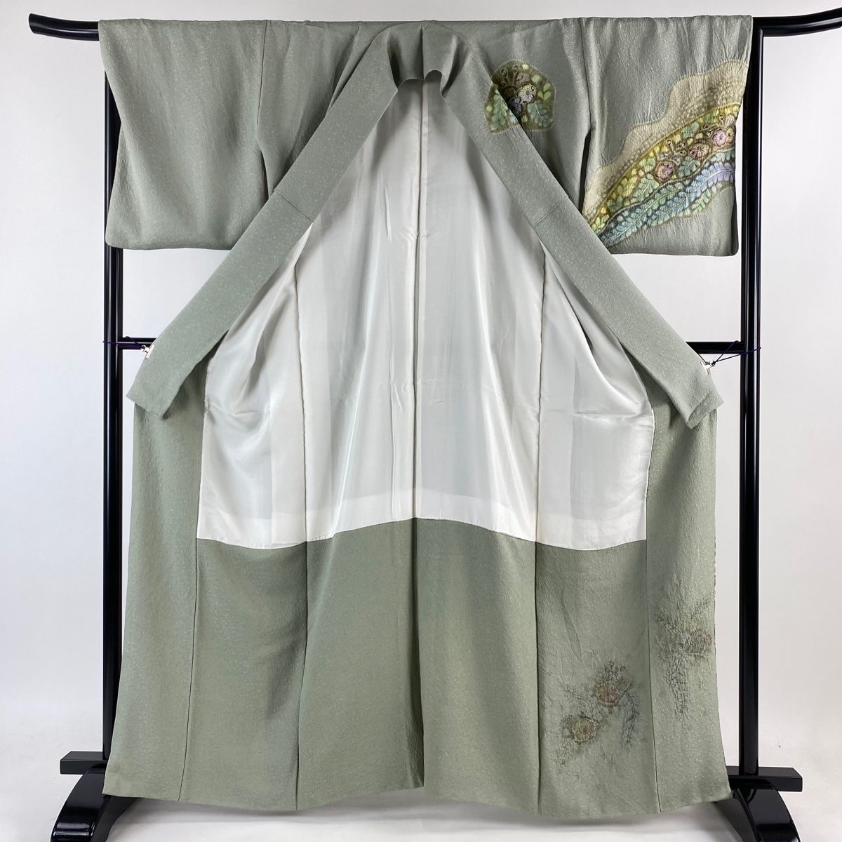 訪問着 身丈164.5cm 裄丈66cm M 袷 樋熊哲也 落款 辻が花柄 絞り 灰緑  