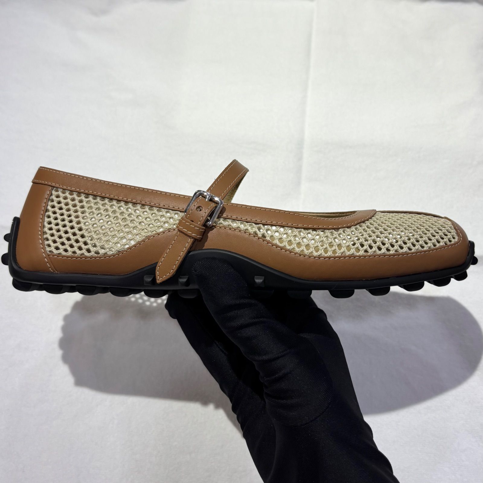 未使用品◎HERMESエルメス フラットシューズ 36.5 メッシュ レザー