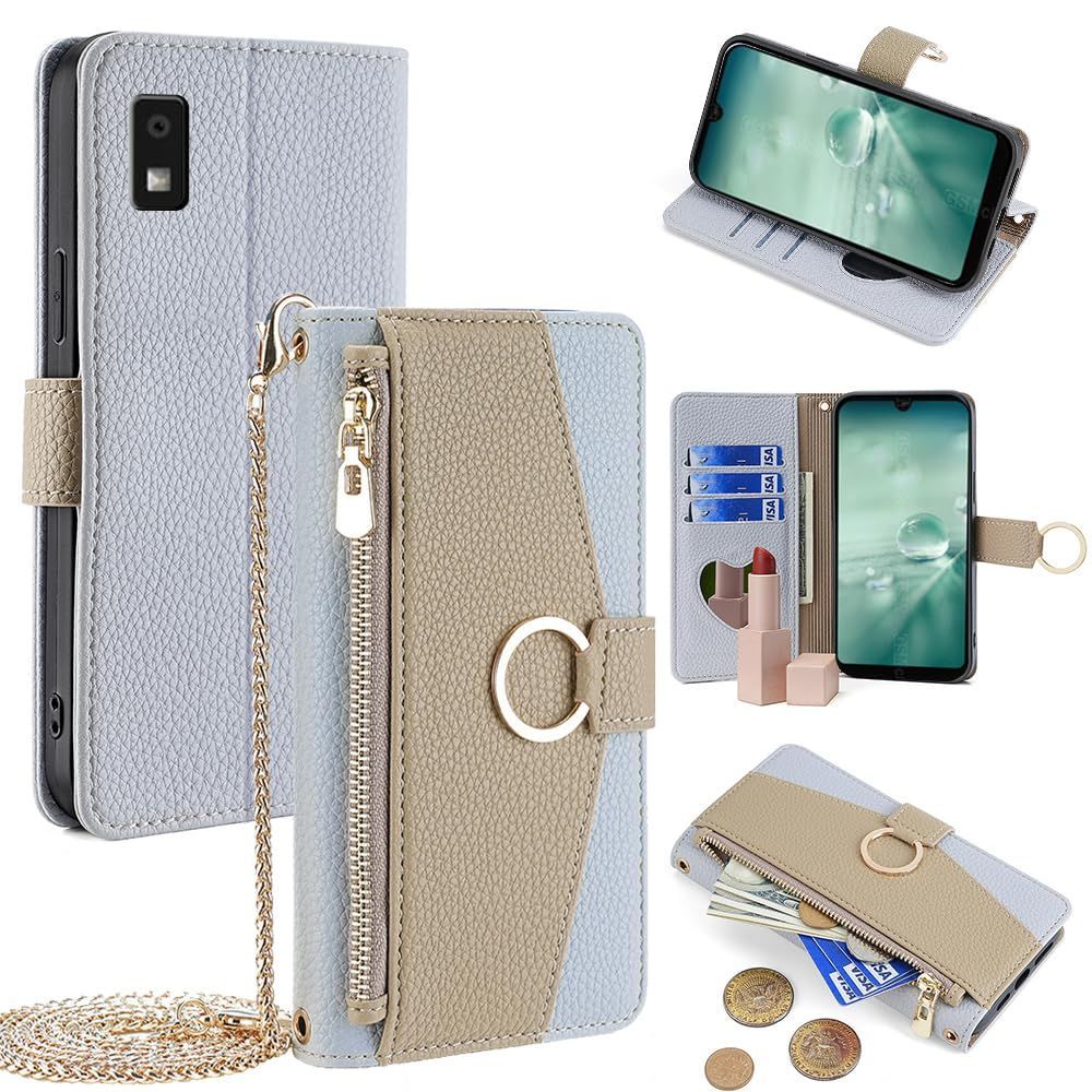 Aquos wish3 ケース アクオスwish3ケース sh-53d ケース ショルダー ストラップ付き スマホ aquos wish3 ケース a302sh ケース スタンド機能 カード収納 ミラー付き 耐衝撃 肩掛け スマホケース アクオス