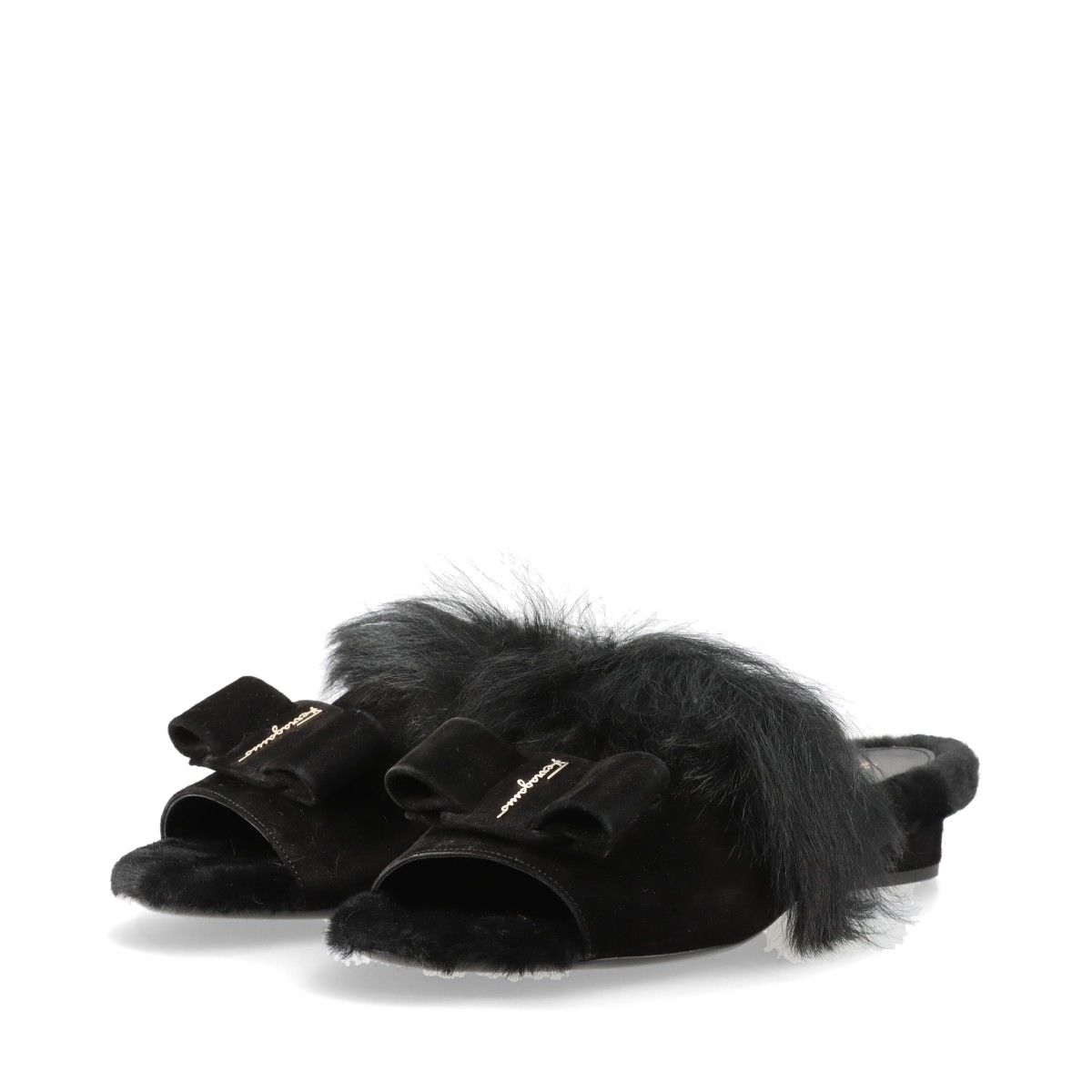 極美品 サルヴァトーレフェラガモ ヴァラ リボン ファー レザー サンダル 靴 シューズ ミュール 8.5 レディース RRE BW20-16【中古】