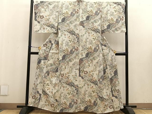 平和屋着物▽上質な小紋 単衣 草花文 金彩 正絹 逸品 AAAS4941fy