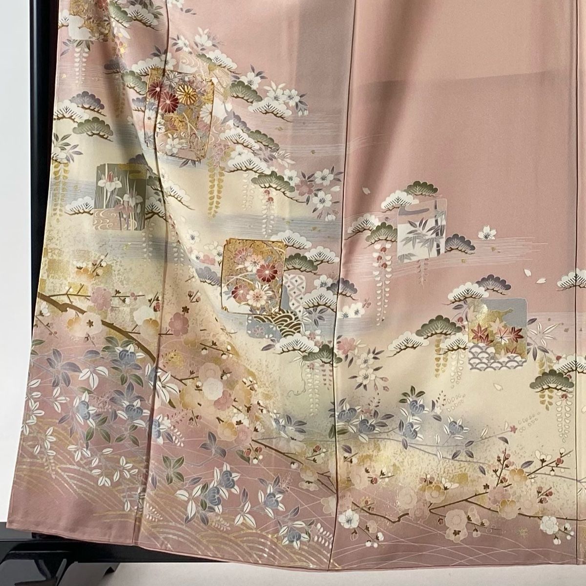 訪問着 身丈160cm 裄丈66.5cm M 袷 色紙 松 金糸 金銀彩 薄ピンク 正絹  