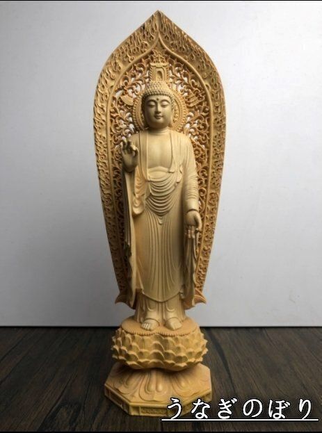 高級仏像【上彫り香木仏像：水晶眼入 丸台座桃型光背 金泥書仕上げ