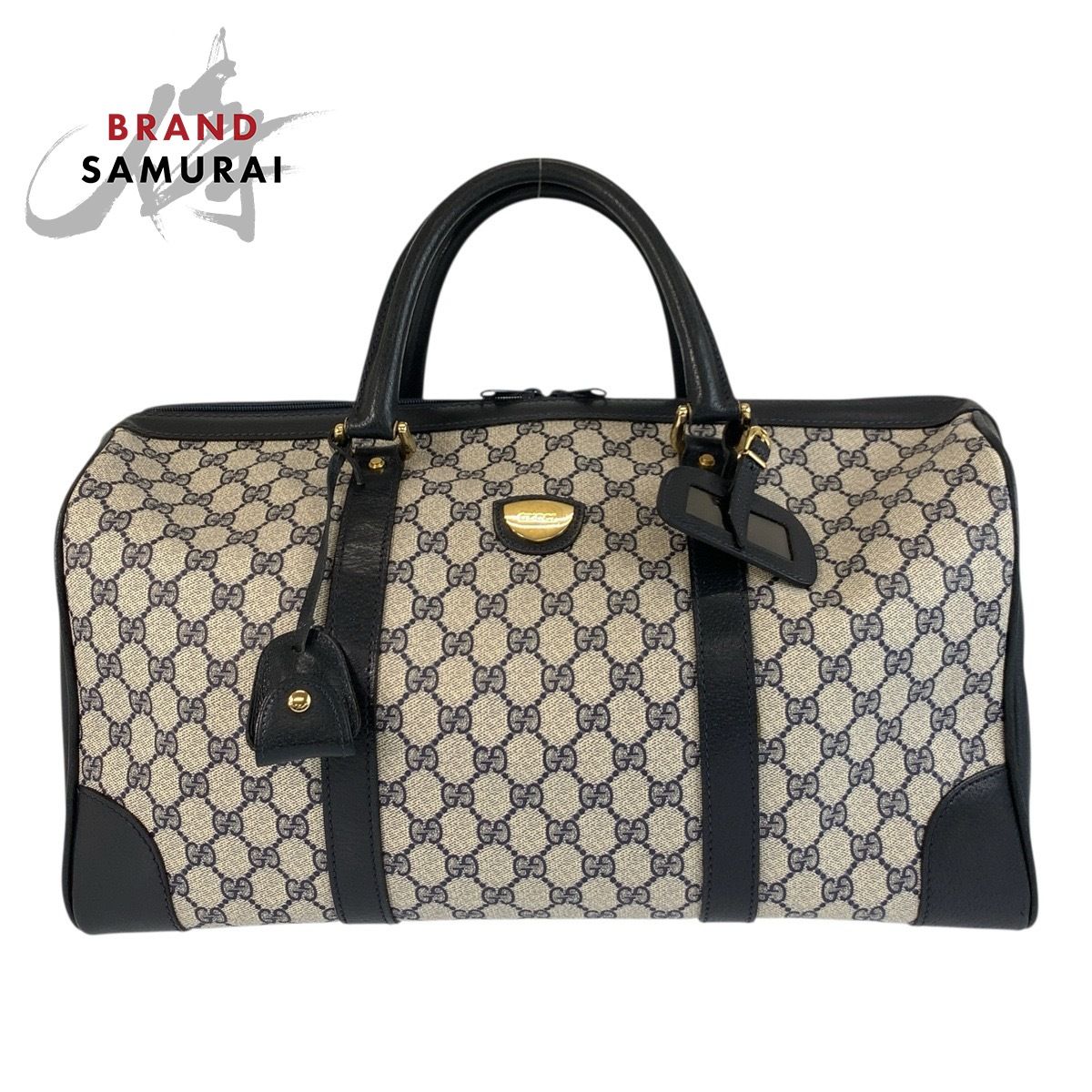 GUCCI グッチ ヴィンテージ グレー ネイビー ゴールド金具 GGスプリームキャンバス ボストンバッグ ハンドバッグ レディース 505412