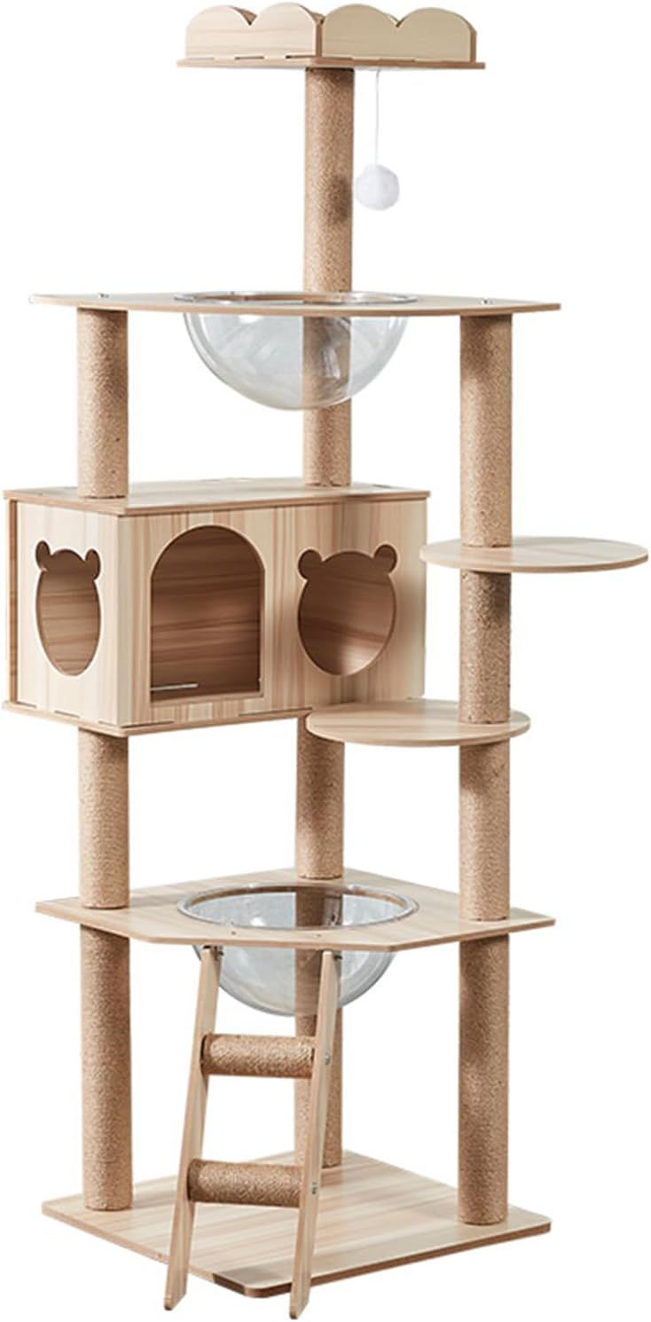 玉城　キャットタワー 猫タワー 登りやすい スリム ねこハウス 高さ155cm 天然麻紐 据え置き型 爪とぎポール 宇宙船 見晴台 多頭飼い 運動不足解消 お手入れ簡単 丸角設計 省スペース 木製 高い安定性