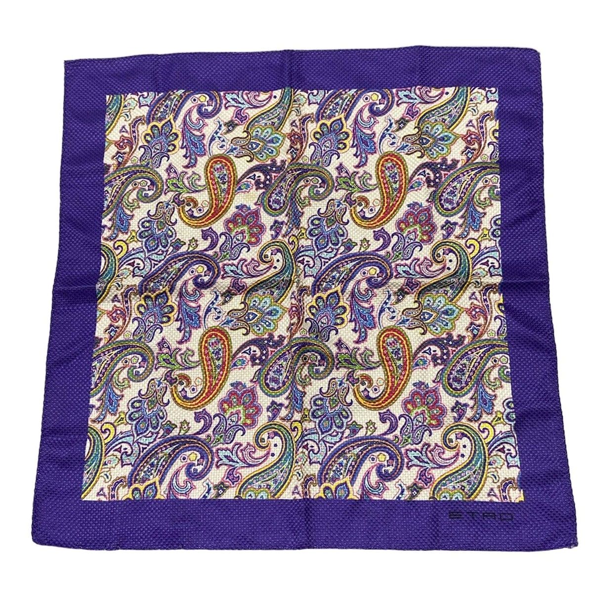 ETRO エトロ ハンカチ - パープル×白×マルチ ペイズリー柄 コットン シルク