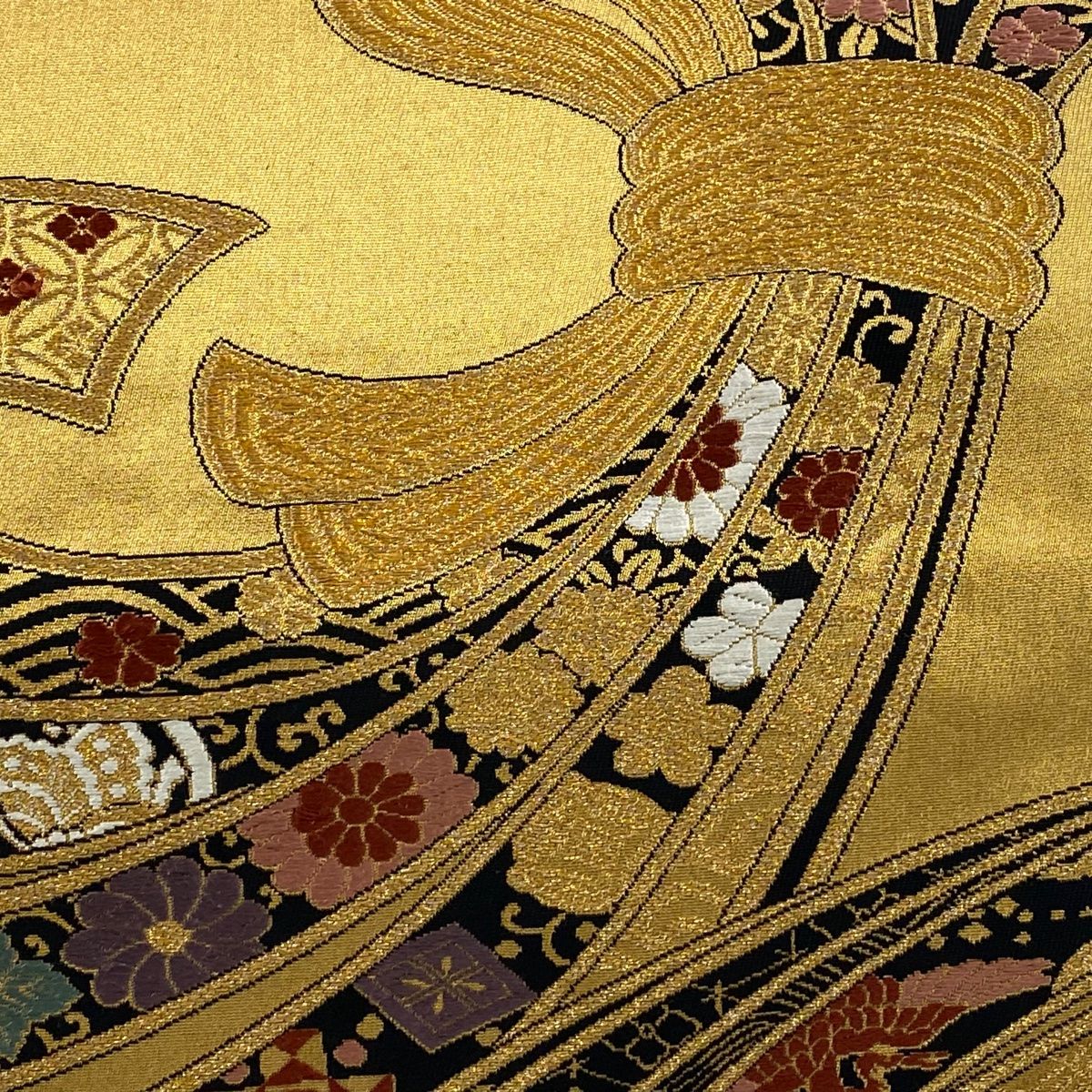 袋帯 秀品 束ね熨斗 菊唐草 金糸 箔 金色 六通 正絹
