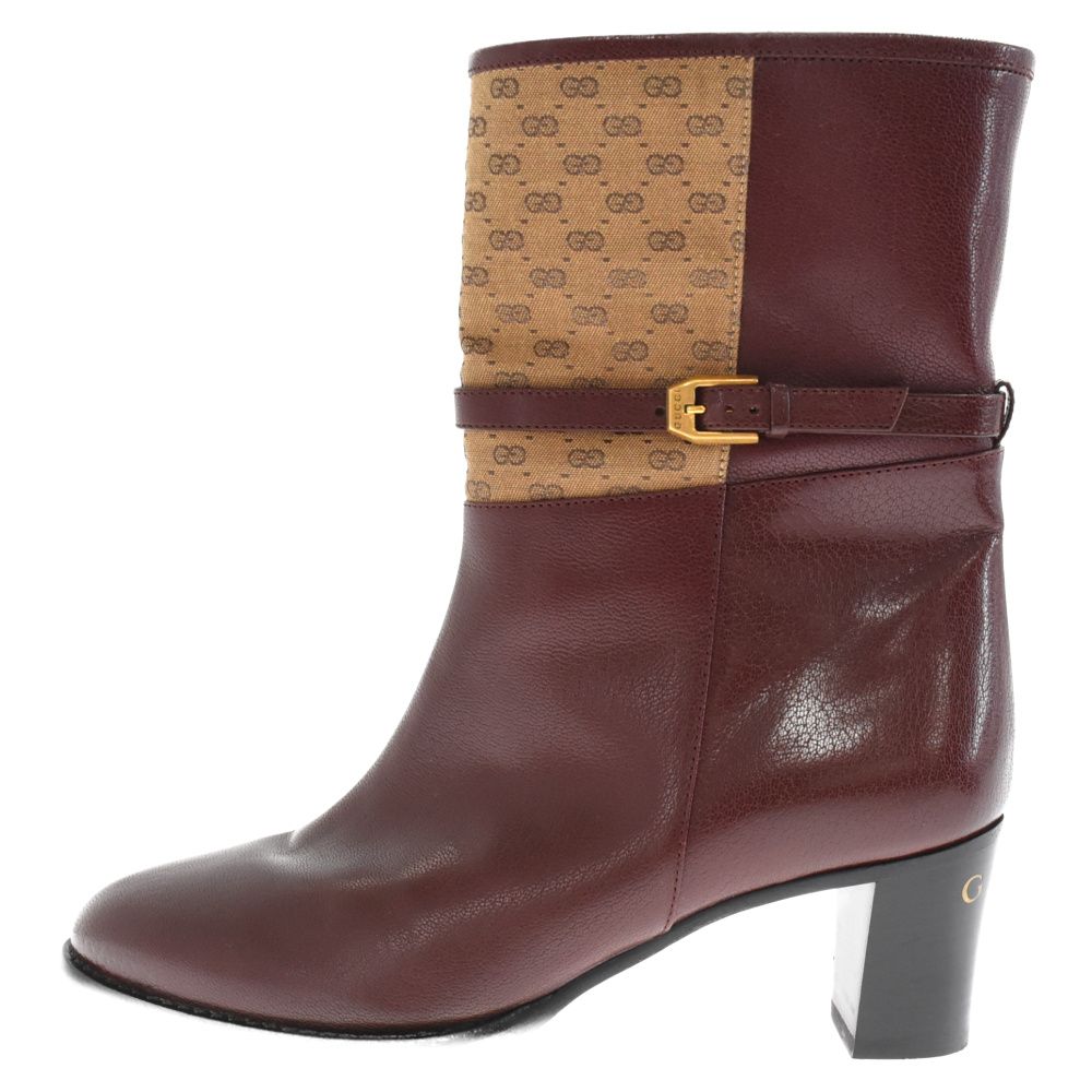 GUCCI (グッチ) 21AW ミニGGキャンバス レザー ヒールブーツ ボルドー