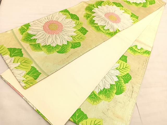 5k3121 袋帯　絹　唐織　正倉院文様　華文　銀色　白　緑　花柄　和装　着物 5k3121 袋帯 絹 唐織 正倉院文様 華文 銀色 白 緑 花柄 和装 着物