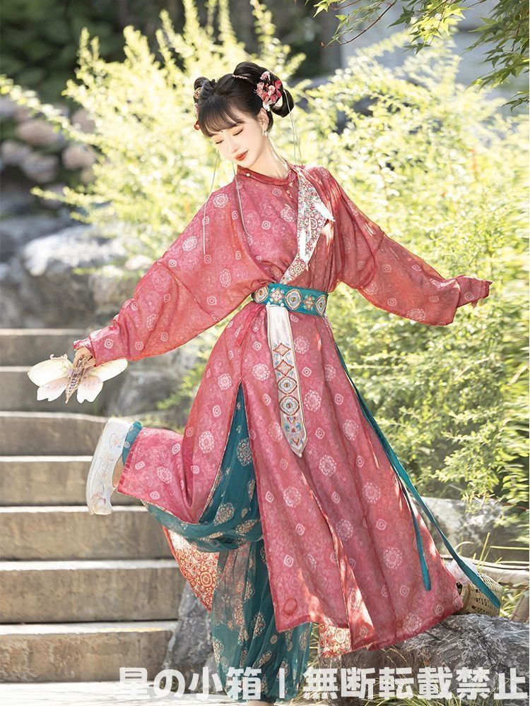 豪華刺繍デザイン 中国風  【スイギンキリョウ】 唐風デザイン 刺繍入り円領袍 漢服 女性用 豪華セット ピンク×グリーン バルーンパンツ付き 優雅な印花デザイン 撮影用 春秋向け プレゼントにも最適 新品 未使用 漢服 豪華刺繍デザイン 中国風 【スイギンキリョウ】 唐風