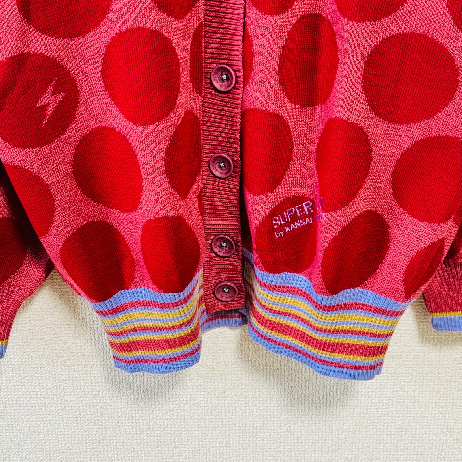 SUPERLADY BIGドット柄ニットカーディガン ブラック 山本寛斎 ピンク