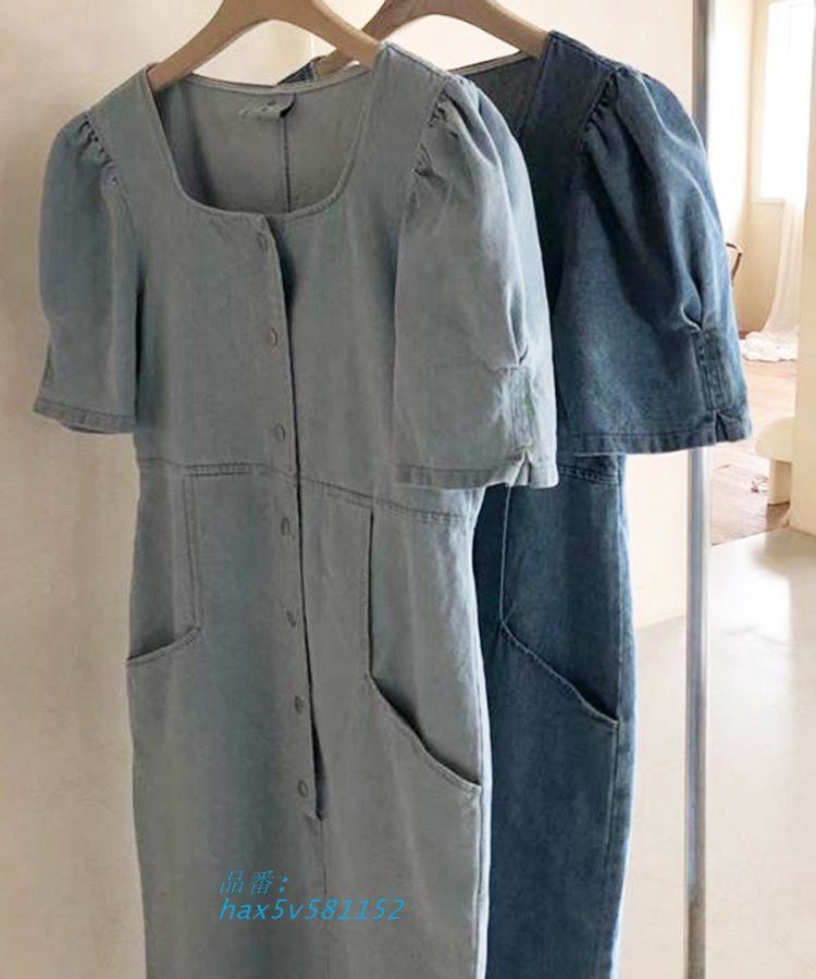 ワンピース レディース デニム ひざ丈 半袖 韓国 カジュアル パフスリーブ ゆったり 大人 夏 デニムワンピース きれいめ おしゃれ かわいい 春 hax5v581152
