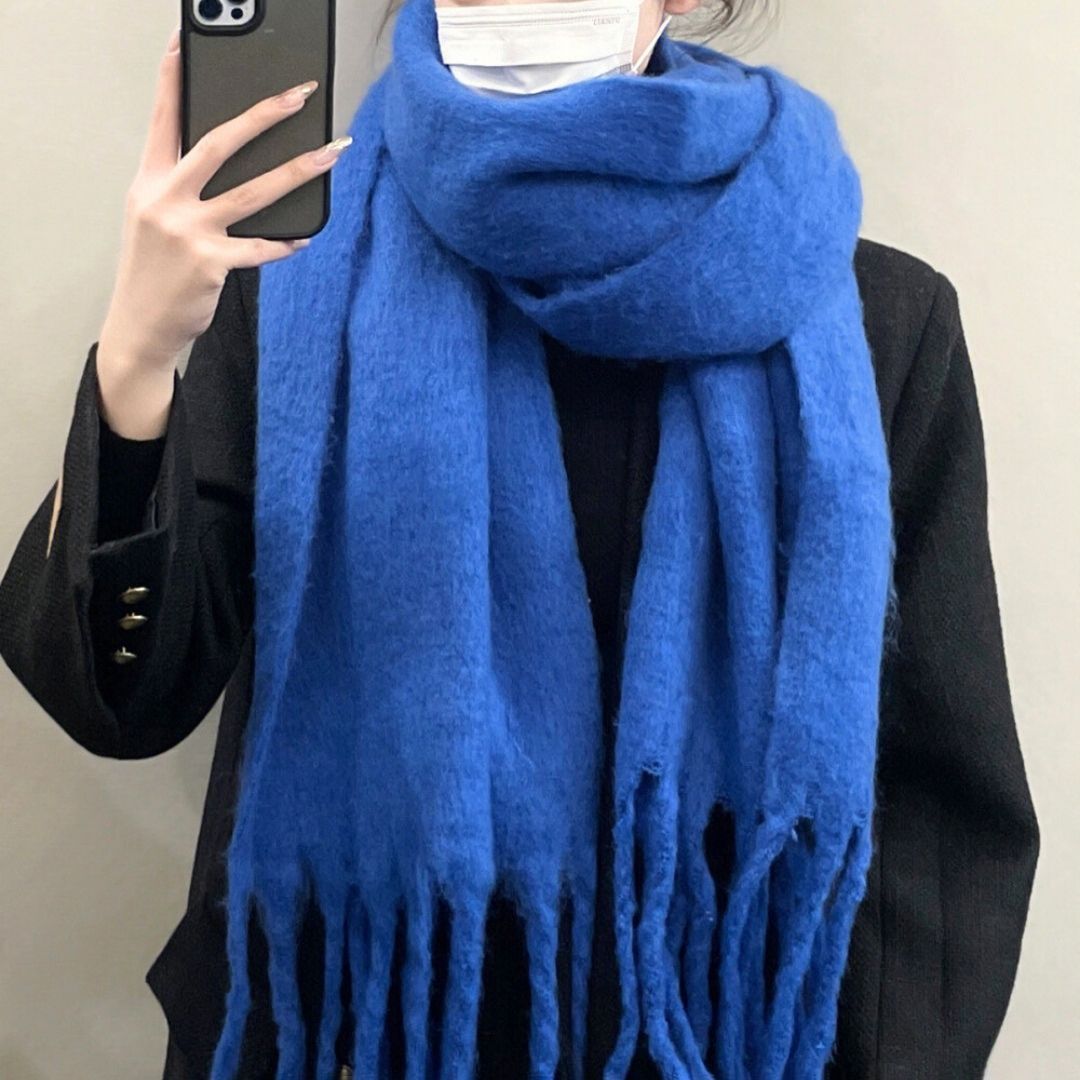 マフラー　モヘア　ブルー　青　ニットマフラー　手編み 南アフリカのモヘアのマフラー・ターコイズブルー – 梅田洋品店
