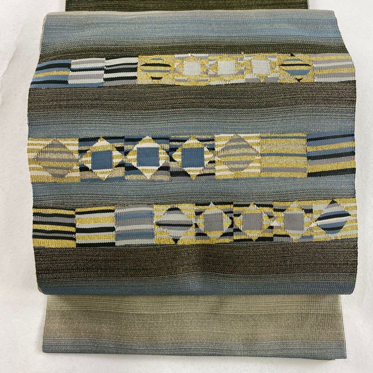 名古屋帯 秀品 八寸名古屋帯 松葉仕立て 縞 幾何学 金糸 青灰色 正絹