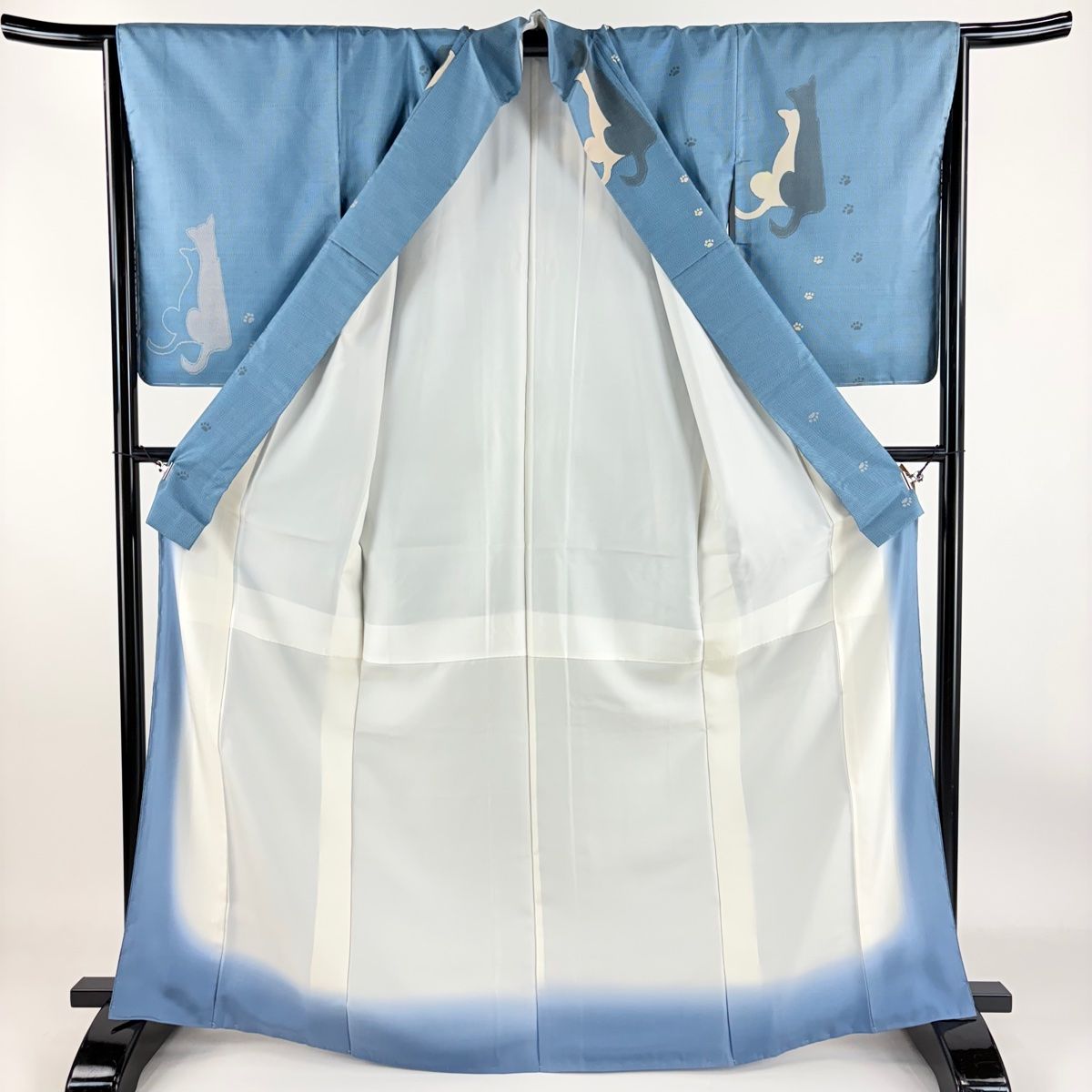紬 身丈168.5cm 裄丈67.5cm L 袷 猫 肉球 青灰色 正絹 逸品