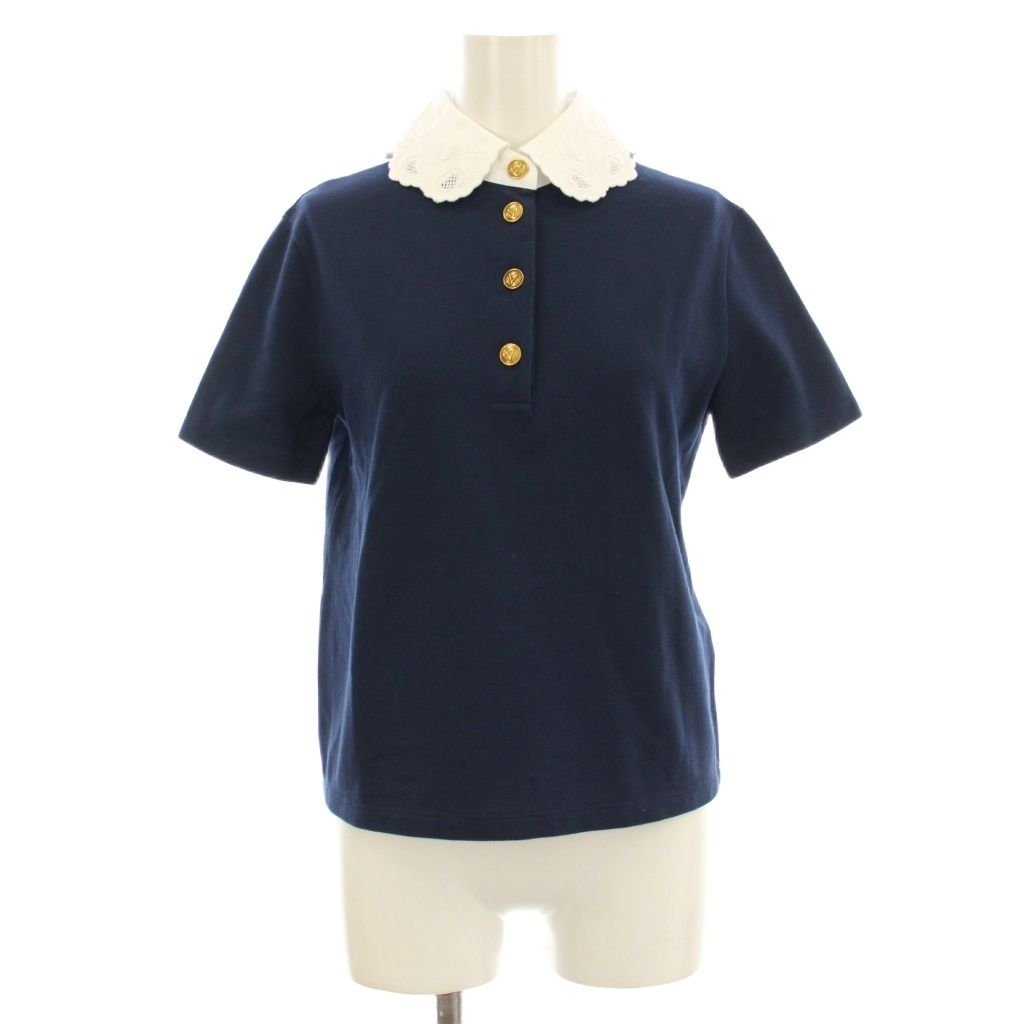 ヴァレンティノ ヴァレンチノ VALENTINO 25SS ポロシャツ カットソー 鹿の子 半袖 レース襟 刺繍 金ボタン S 紺 ネイビー 白 ホワイト 6B3MH00Z95U KU