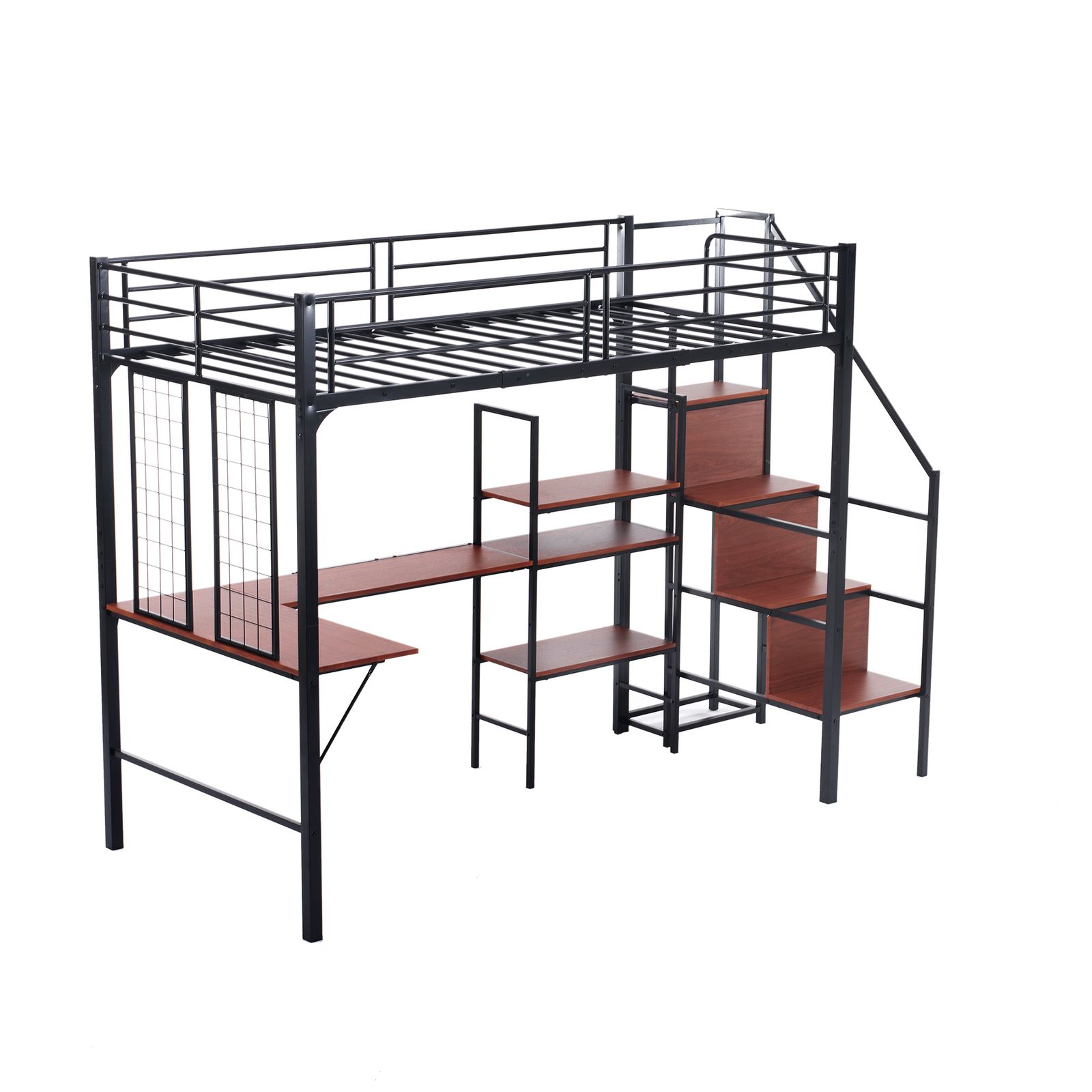 12 割 2025 ロフトベッド シングル 収納棚付き デスク付き 階段付き 北欧風 木目 子供ベッド 大人ベッド 一人暮らし スチール 耐震 ベッド ブラック