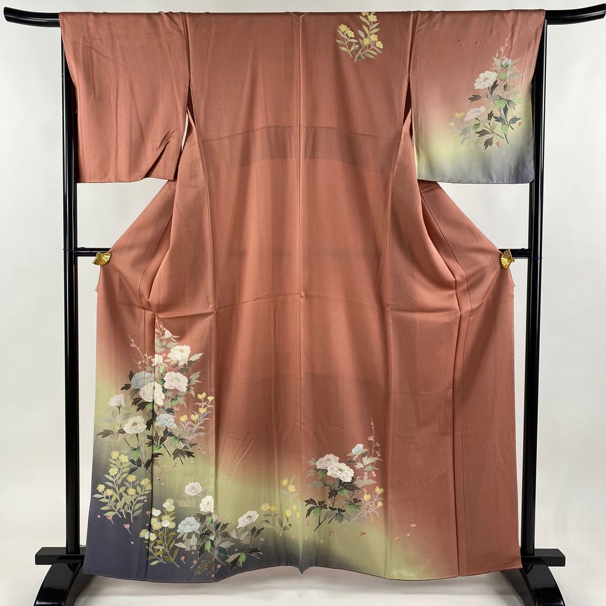 訪問着 身丈161cm 裄丈67cm M 袷 牡丹 草花 金彩 ぼかし ピンク 正絹 秀品 一つ紋