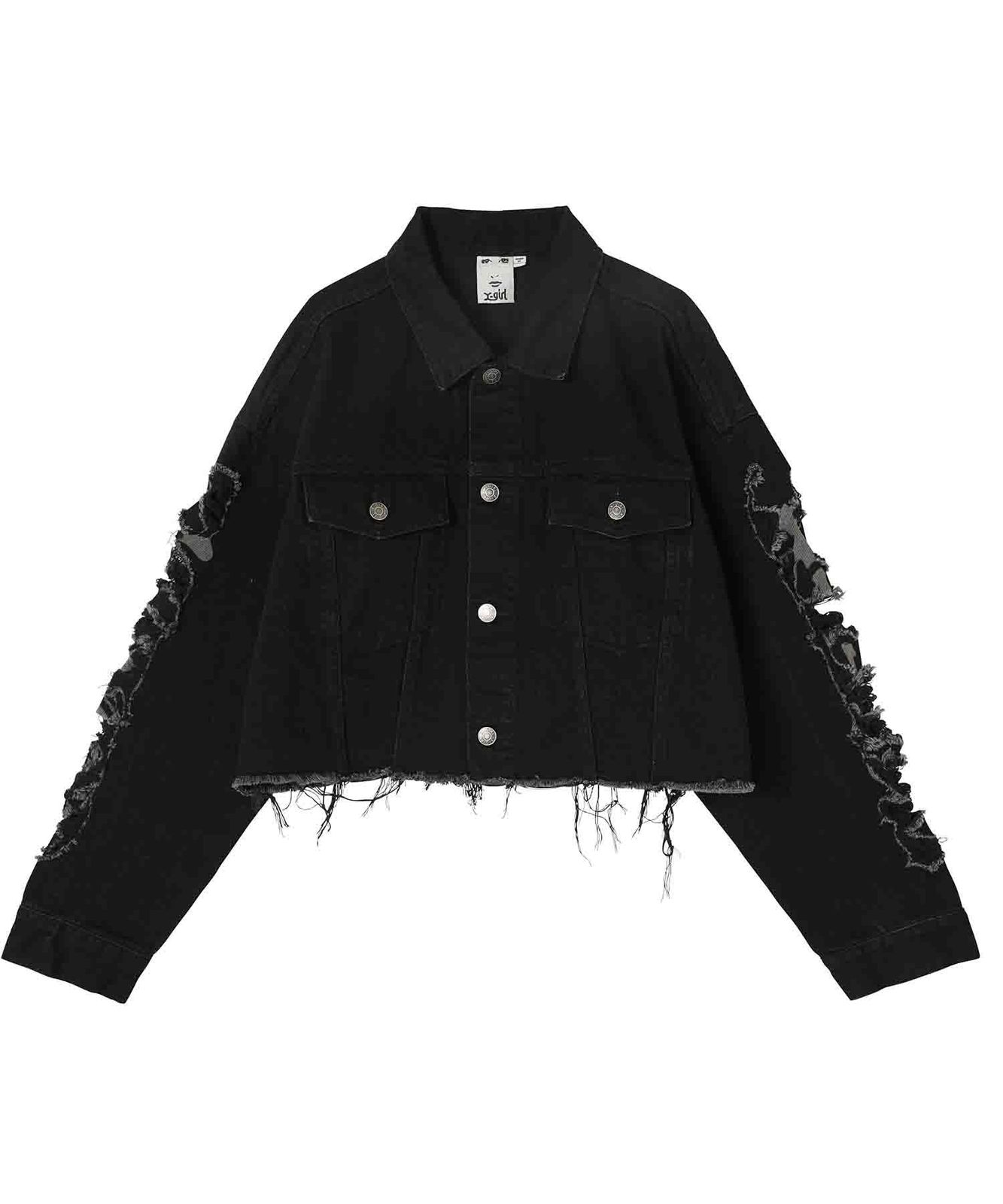 エックスガール ジャケット DISTRESSED CROPPED DENIM JACKET レディース BLACK