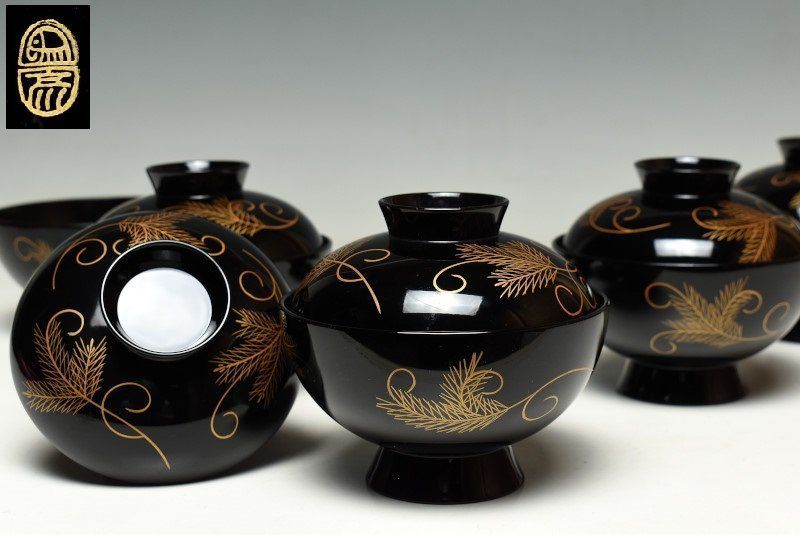 蔵A3629a 平安象彦 蒔絵松唐草文 吸物椀 汁椀 五客 共箱