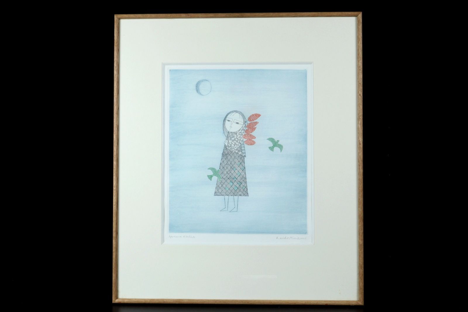 南桂子 赤い花を持つ少女と線の鳥 銅版画 E.A. 直筆サイン タトウ箱 唐物 骨董 古美術 楾 P121-QO