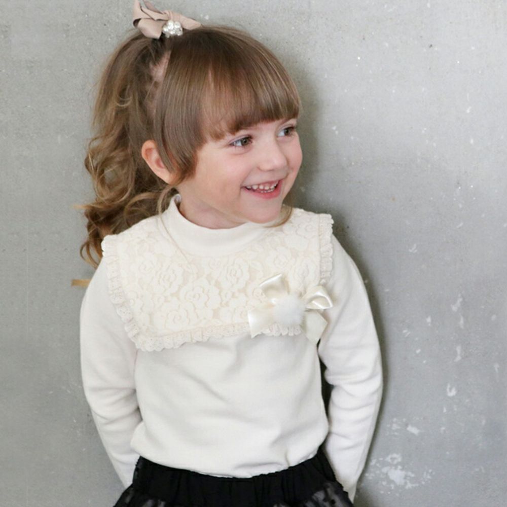 ホワイト  120cm  ミオ長袖カットソー(リボンブローチセット) 女の子 キッズ 長袖 Tシャツ ロンT 10006035 長袖Tシャツ カットソー レース スクエアカラー おしゃれ かわいい オシャレ 可愛い フォ