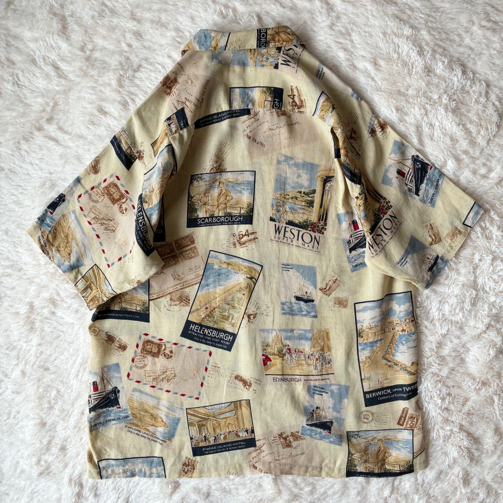 リネン100%/XL相当 パパス オープンカラーシャツ ココナッツボタン刺繍 極美品 PAPAS ISLAND パパスアイランド リネン 麻 アロハシャツ