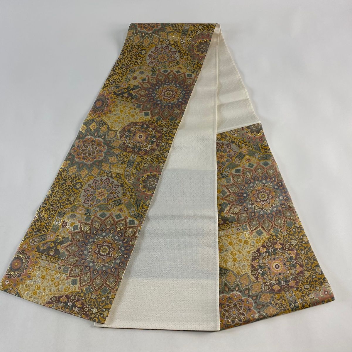 袋帯 美品 名品 千八ペルシャー 華文 花唐草 金糸 箔 灰紫 六通