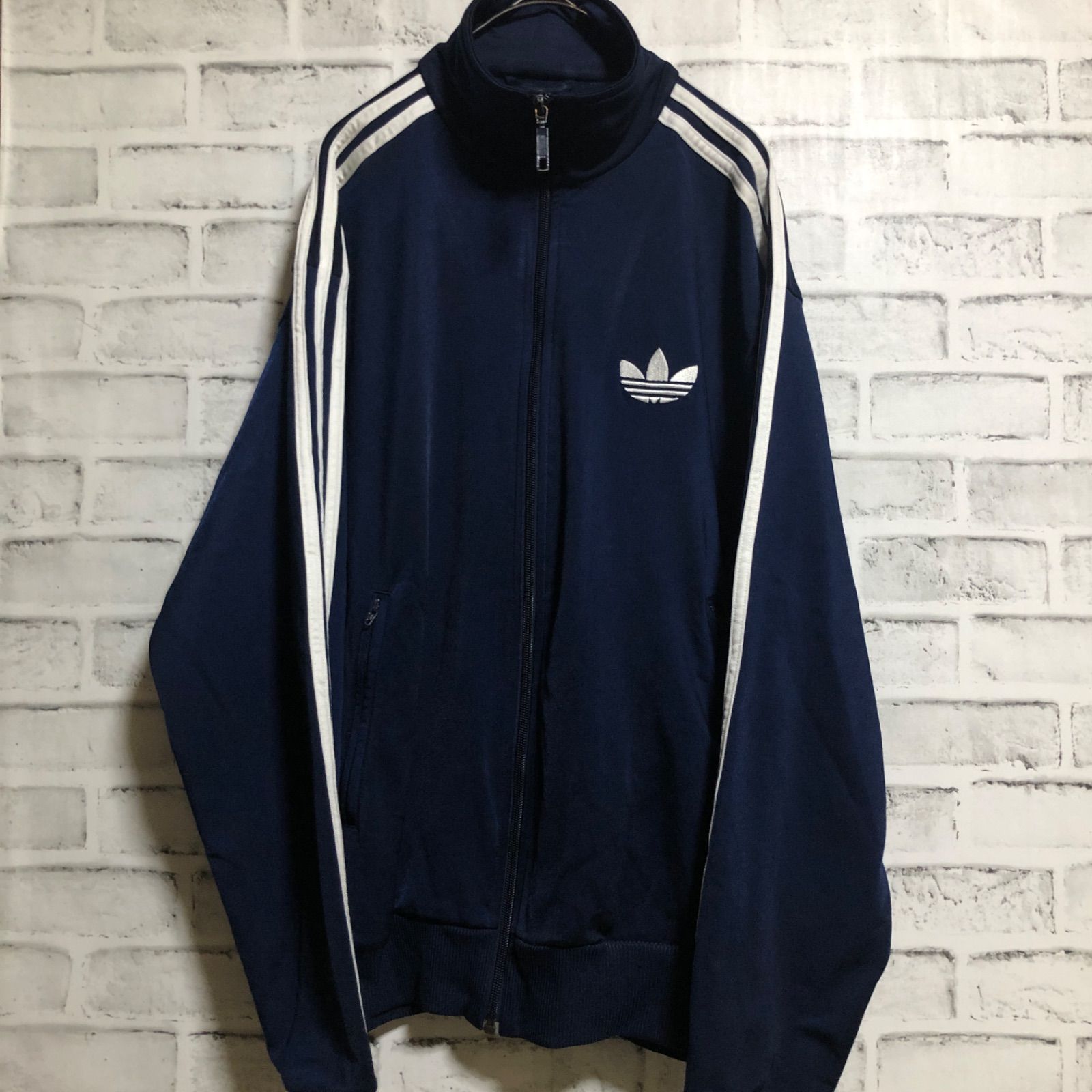 90s⭐️adidas トラックジャケット L 刺繍 vintage ネイビー白 adidas ヴィンテージトラックジャケット トレフォイル刺繍 白×紺