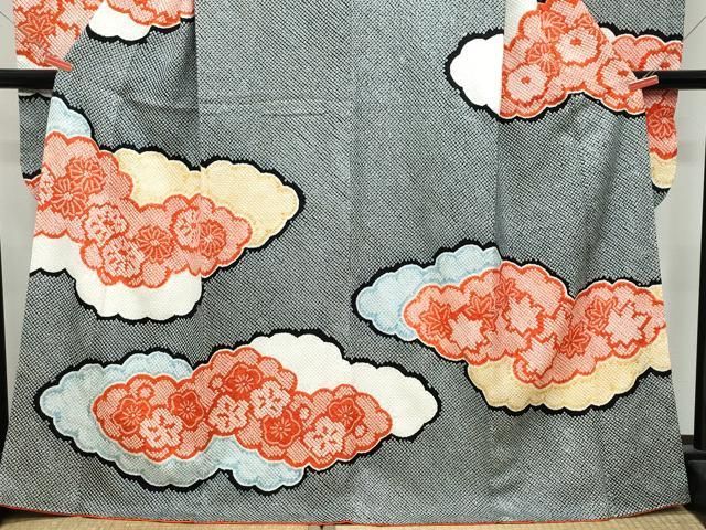 平和屋着物○豪華振袖・長襦袢セット 総絞り 雲取り舞花文 黒地 正絹  