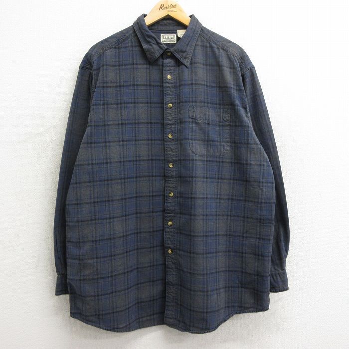 XL/古着 エルエルビーン LLBEAN 長袖 ブランド シャツ メンズ 00s 大きいサイズ ロング丈 コットン 紺他 ネイビー チェック 24may30 中古 