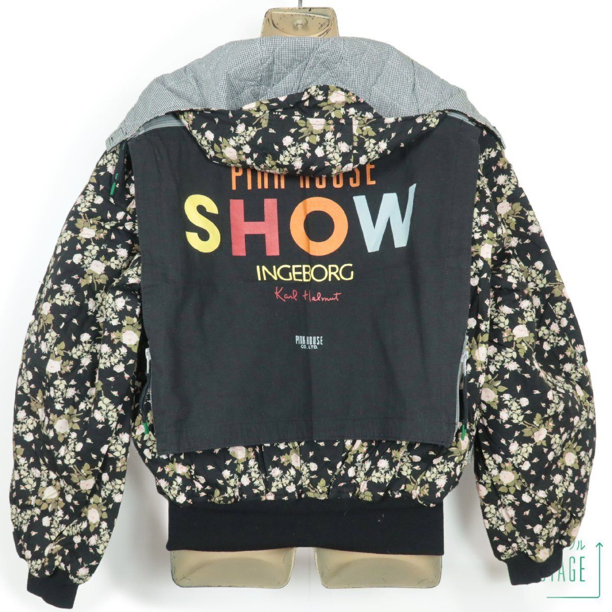 PINK HOUSE - 【美品】ピンクハウス★ジップアップブルゾン 黒系 ゼッケン付き！中綿入りキルティング♪フード付き♪ギンガムチェック♪ローズ柄 z10649s 美品】ピンクハウス☆ジップアップブルゾン 黒系 ゼッケン付き