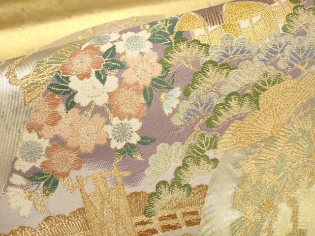 平和屋着物▽太鼓柄袋帯 地紙風景花文 金糸 引箔 やまと誂製