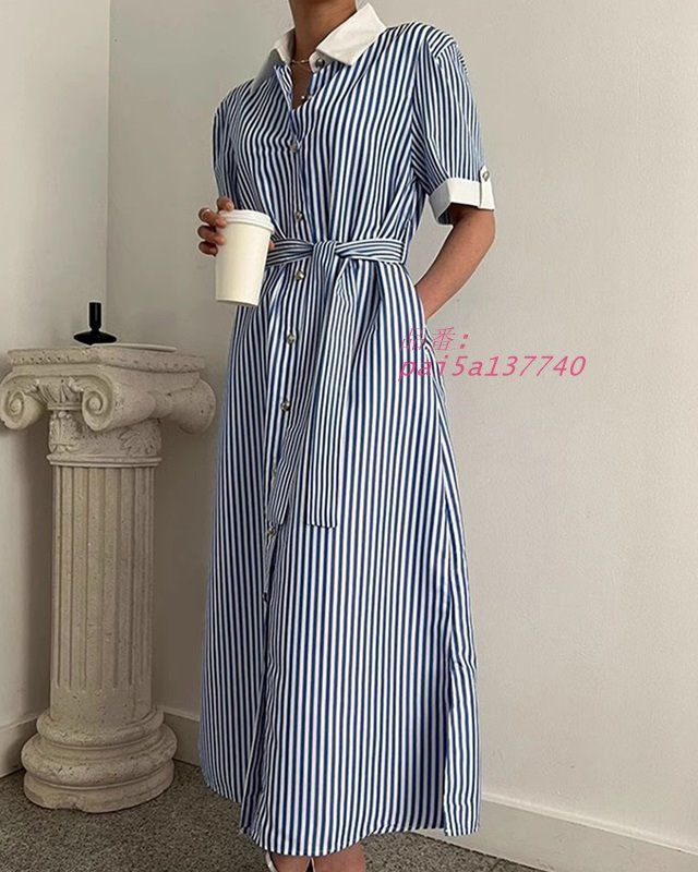 襟付き シャツワンピース ストライプ ロング ワンピース 春 半袖 夏 シャツワンピース レディース ワンピース きれいめ カジュアル 春 ワンピース pai5a137740