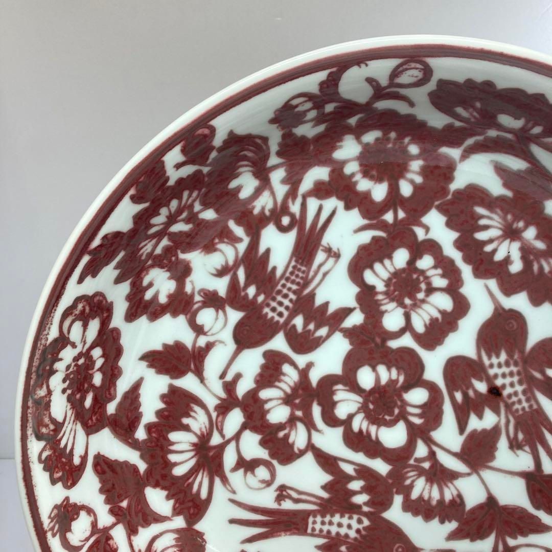 吉田隆 紬裏紅花鳥文大鉢 共箱 タカオ 直径39㎝ 東ま5-1111
