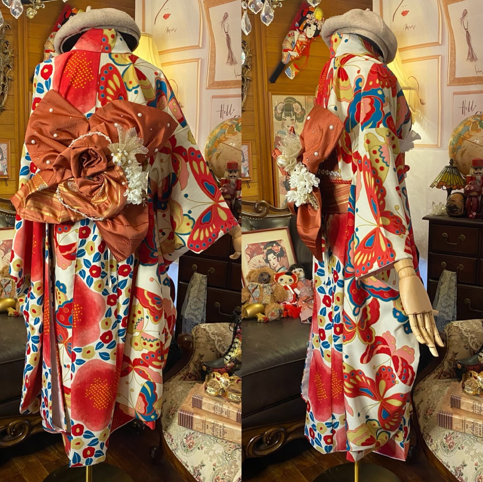 着物ロングワンピース振り袖リメイクマキシ丈ドレスワンピース╰(*´︶`*)╯♡ 即納】超ロング 豪華！ 振袖着物リメイクドレス ふりふわレース