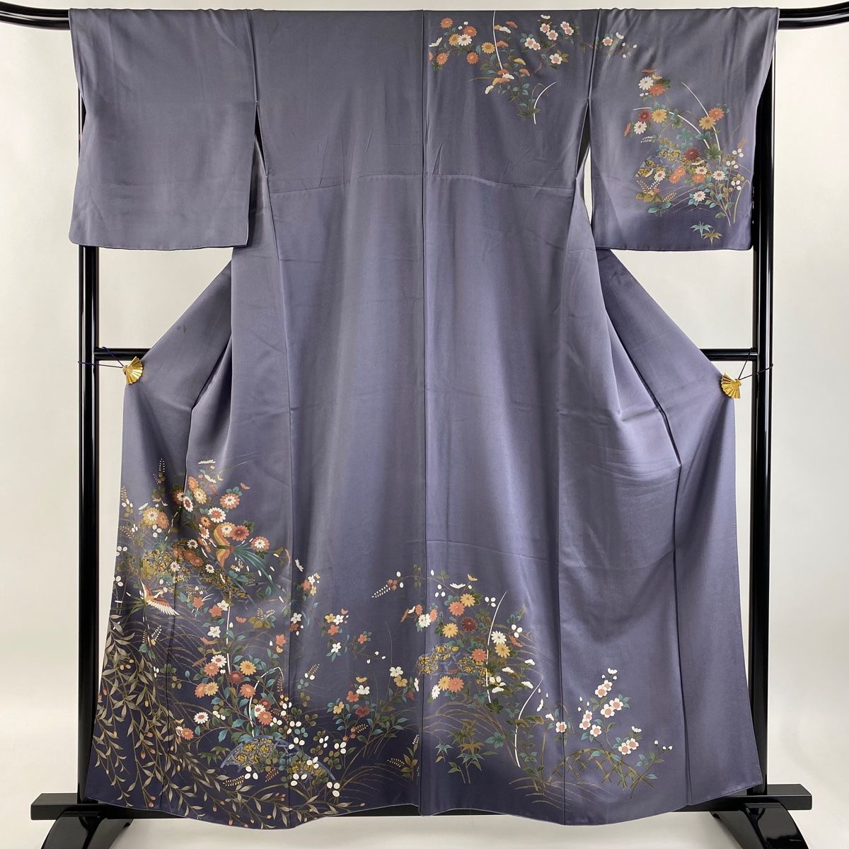 訪問着 身丈159.5cm 裄丈66.5cm M 袷 草花 鳥 金彩 ぼかし 紫 正絹 秀