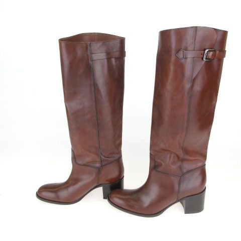 ファビオルスコーニ FABIO RUSCONI ブーツ ロング ジョッキー チャンキーヒール ベルト 本革 レザー 38 茶 ブラウン ey0502