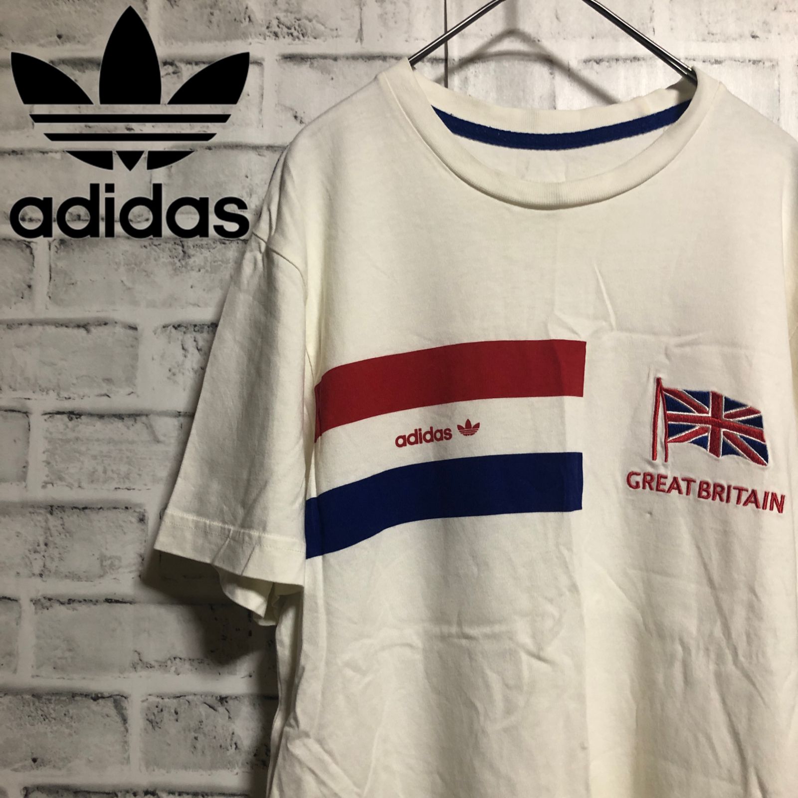 90s⭐️adidas イギリス国旗刺繍 トレファイルロゴ Tシャツ M ホワイト×青赤