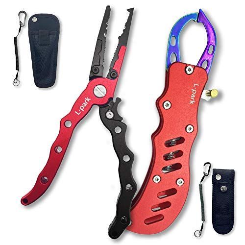 ロック付レッドブラック+レッド L-park 釣り道具 フィッシュグリップ セット フィッシングプライヤー ロック付き 錆に強い 高品質軽量 アルミ製 釣具 2個1セット ロック付レッドブラック+レッ