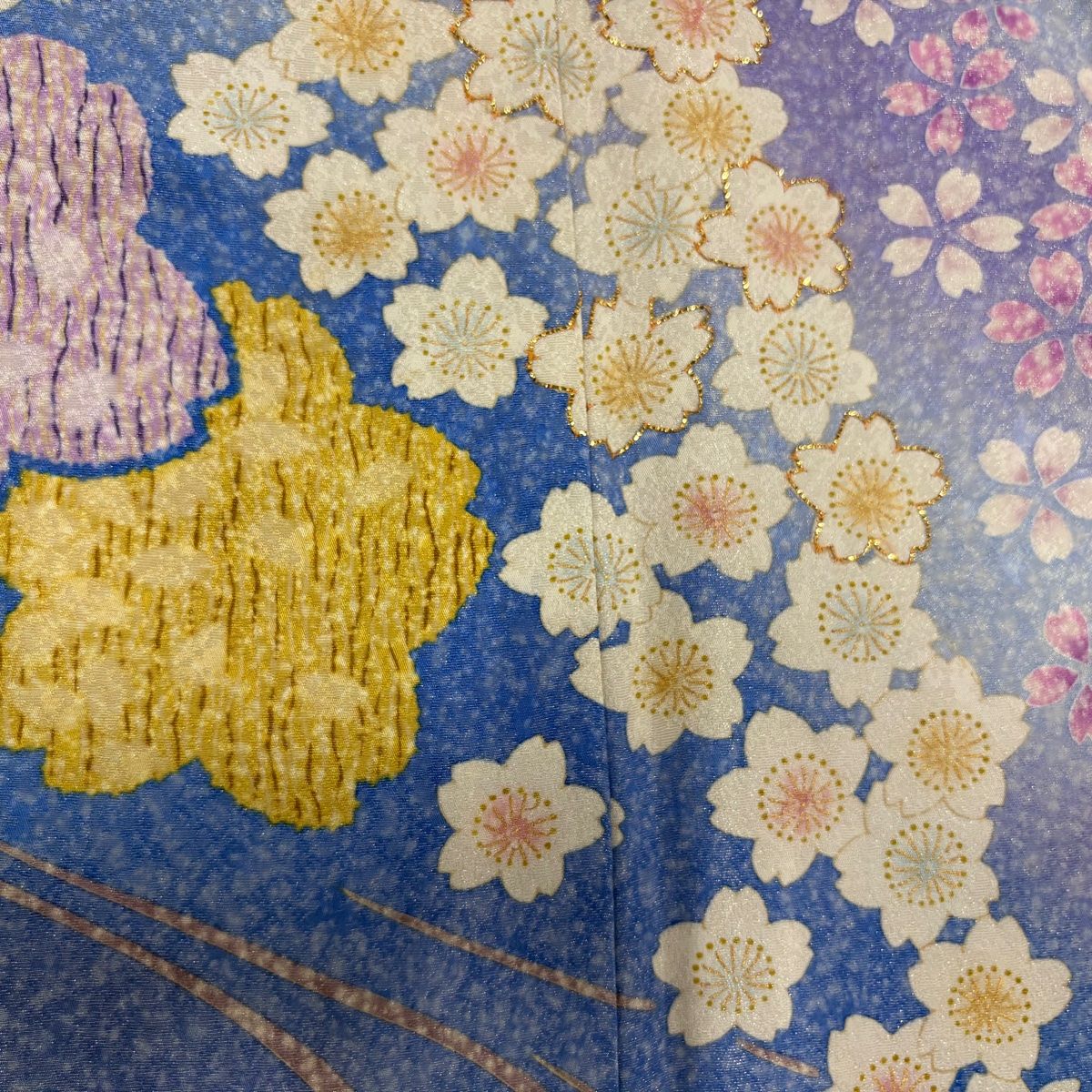振袖 身丈173cm 裄丈68cm L 袷 桜 流水 銀通し 青 正絹 名品