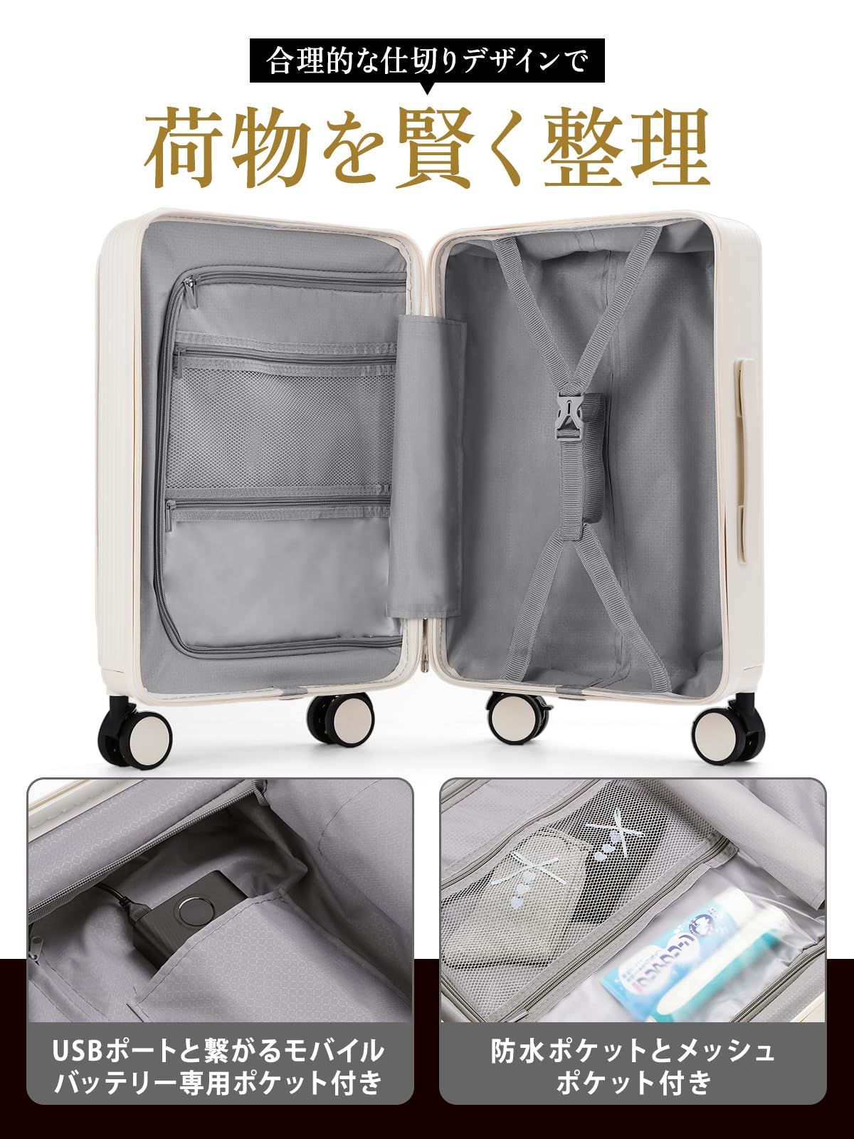 前開き スーツケース 機内持ち込み キャリーケース パソコン収納ポケット USBポート付き カップホルダー付き 超軽量 360度回転 耐衝撃 ック 静音 旅行 ビジネス 出張 1泊2泊3泊 イエロー