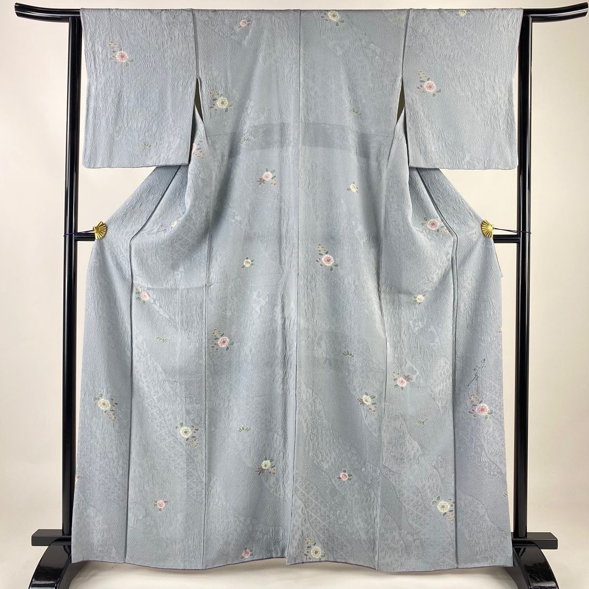 小紋 身丈164cm 裄丈63.5cm S 袷 吉尾正峯 やまと 落款 草花 笹 青灰色  