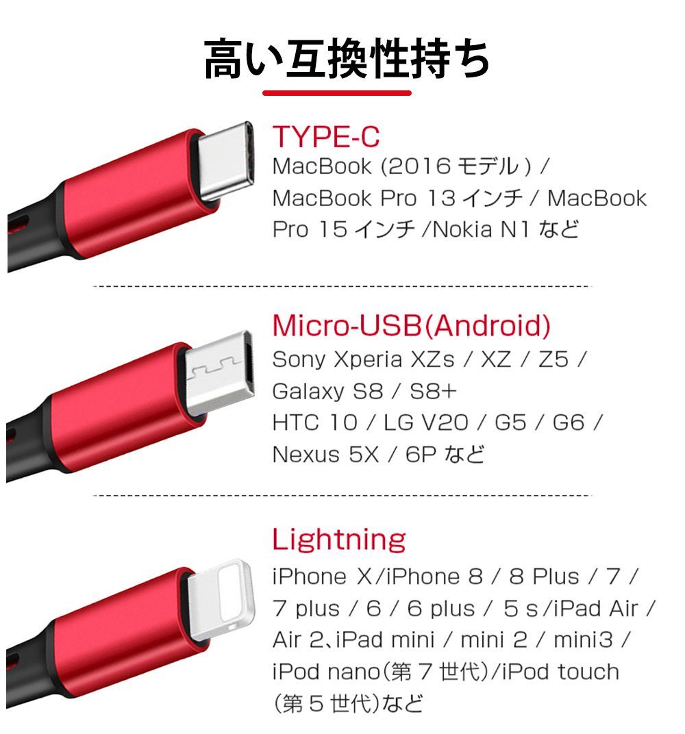 1本3役 3IN1充電ケーブル 色：レッド - メルカリ