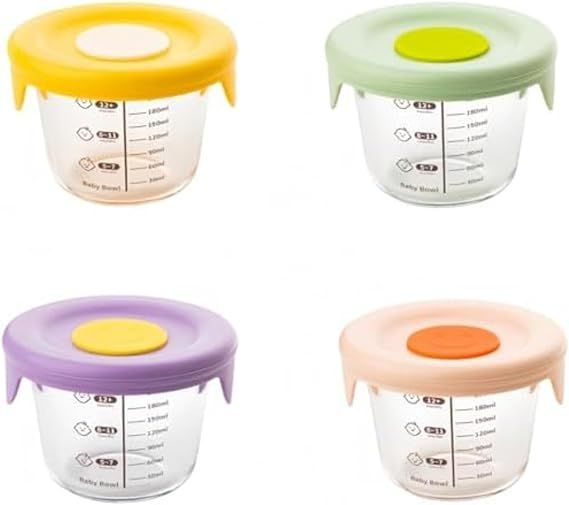 【在庫処分】Conutoo離乳食計量ボウル 360完全密封 高精度目盛り付き 耐冷耐熱 食品級シリコン＆高硼硅ガラス製 鮮度保持 栄養ロック 防漏設計 厚底耐久 マルチカラー (丸型4個セット)