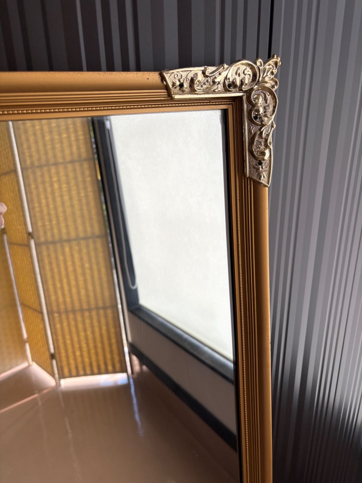 北欧レトロ 富士 花柄装飾 象嵌木製フレーム 大型ミラー 姿見 壁掛け