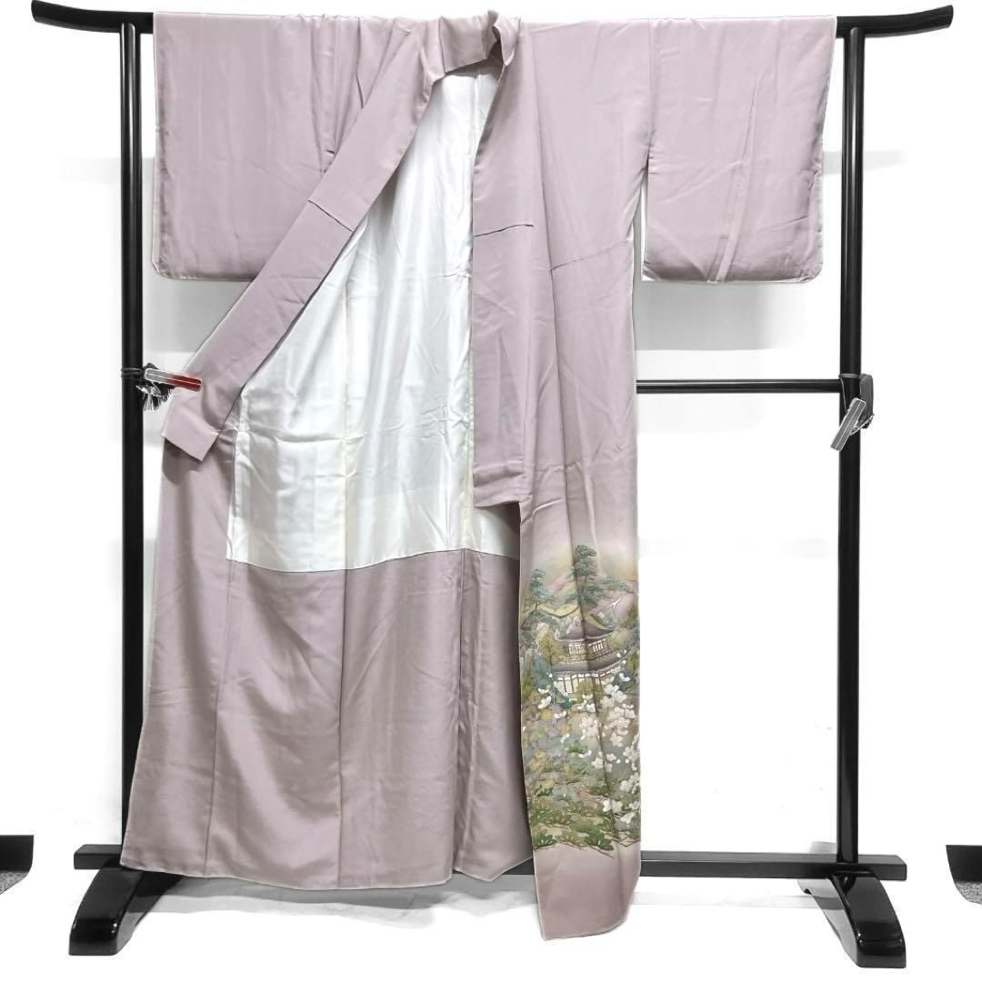 作家もの 色留袖 スワトウ刺繍 銀閣寺 風景模様 梅 金糸 着物 014a d  